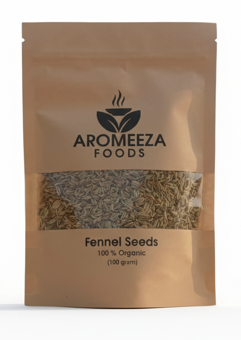 Aromeeza Foods Fennel Seeds – 100% Organic Saunf | Premium Fresh & Aromatic | 100g Natural Digestive Seeds